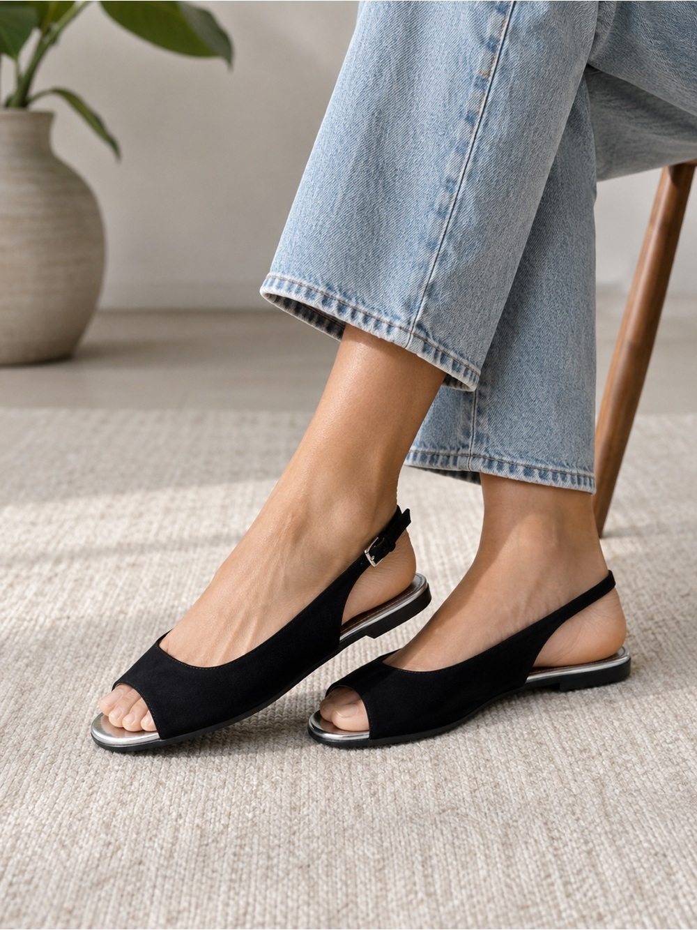 Apt. 9 Black Slingback Flats Silver Trim Open Toe Women’s Size 6M